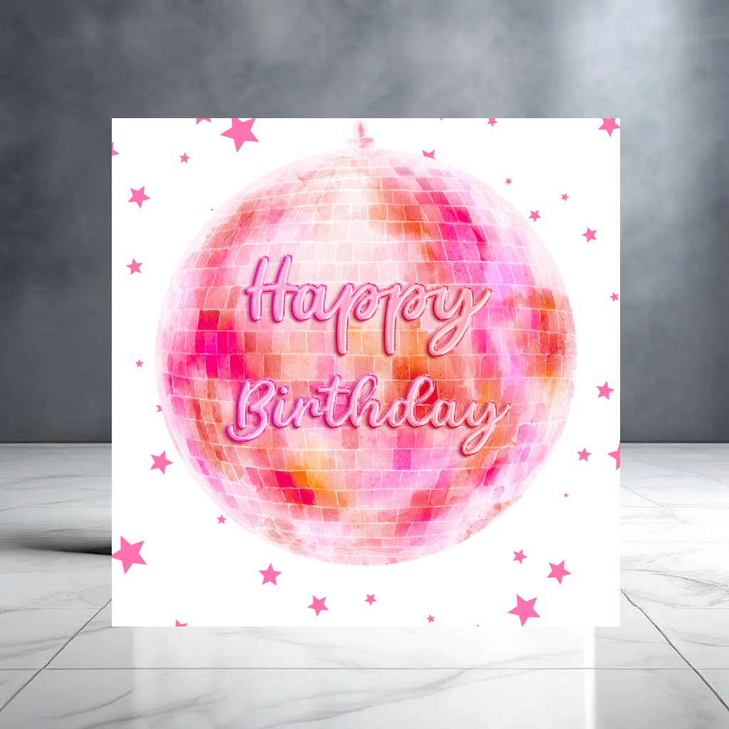 Pink Disco Ball Happy Birthday Card with Stars