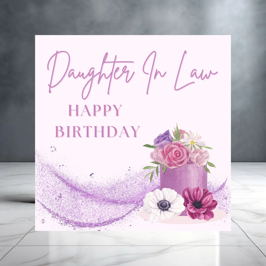 Purple Daughter-In-Law Happy Birthday Card with Cake and Flowers - Floral Birthday Card for Her