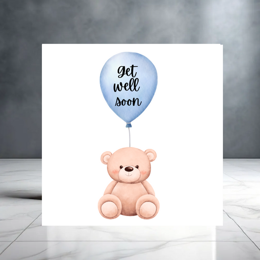 Get Well Soon Card with Blue Balloon and Teddy Bear - Thinking of You