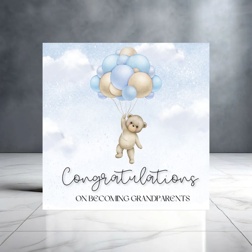 Blue Congratulations on Becoming Grandparents New Baby Boy Greeting Card with Teddy Bear, Balloons and Clouds