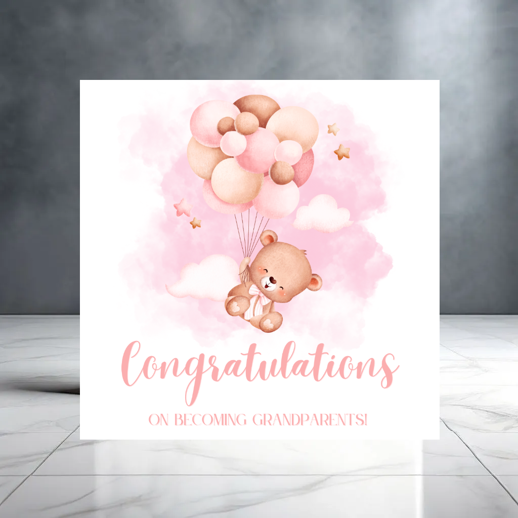 Pink Congratulations on Becoming Grandparents New Baby Girl Greeting Card with Teddy Bear, Balloons, Clouds and Stars