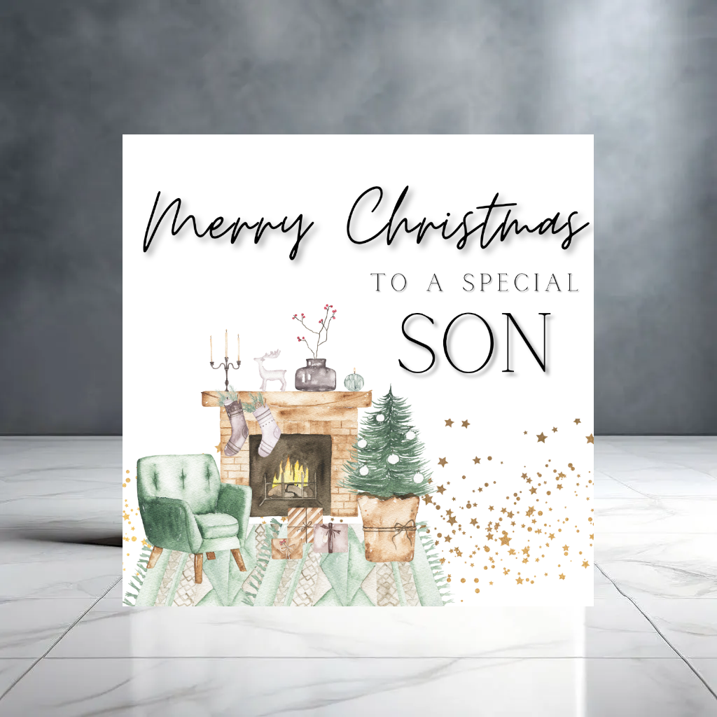 Merry Christmas to a Special Son Card - Christmas Greeting Card with Cosy Fireplace and Stars