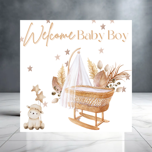 Neutral New Baby Boy Greeting Card with Pampas and Teddy