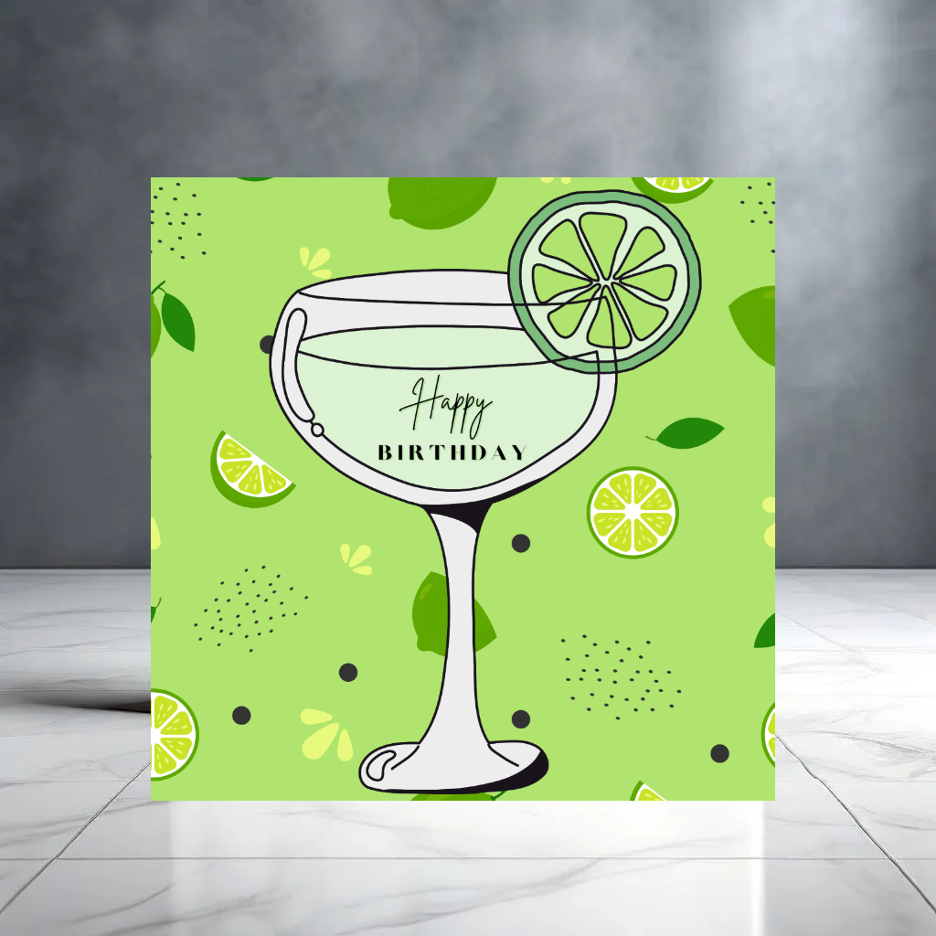 Green Happy Birthday Cocktail Greeting Card - Mojito - Martini - Margarita - Coupe - Lemons - Lime