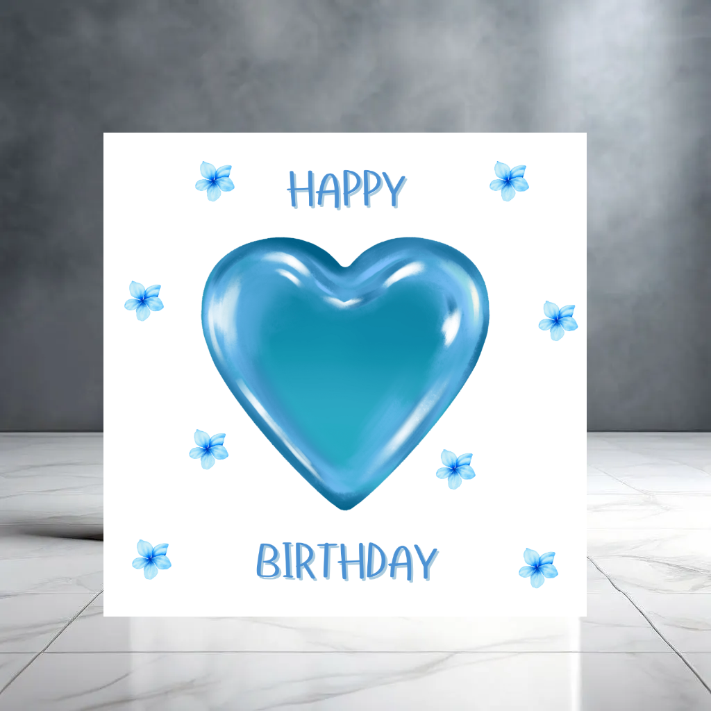 Blue Happy Birthday Card for Her with Hearts and Flowers