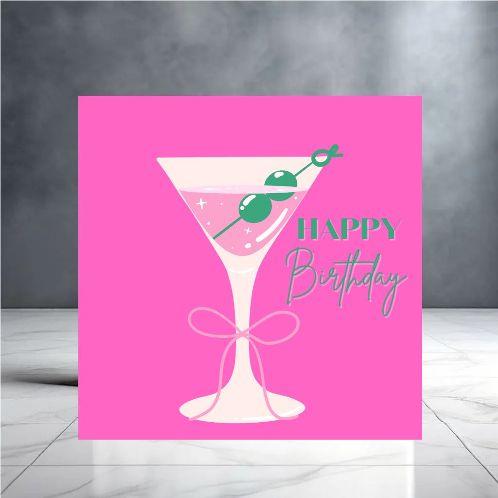 Pink and Green Martini Cocktail Happy Birthday Card with Bow