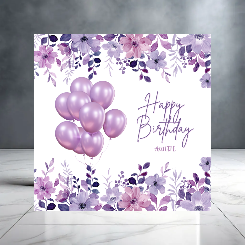 Purple Happy Birthday Auntie Card with Balloons and Flowers