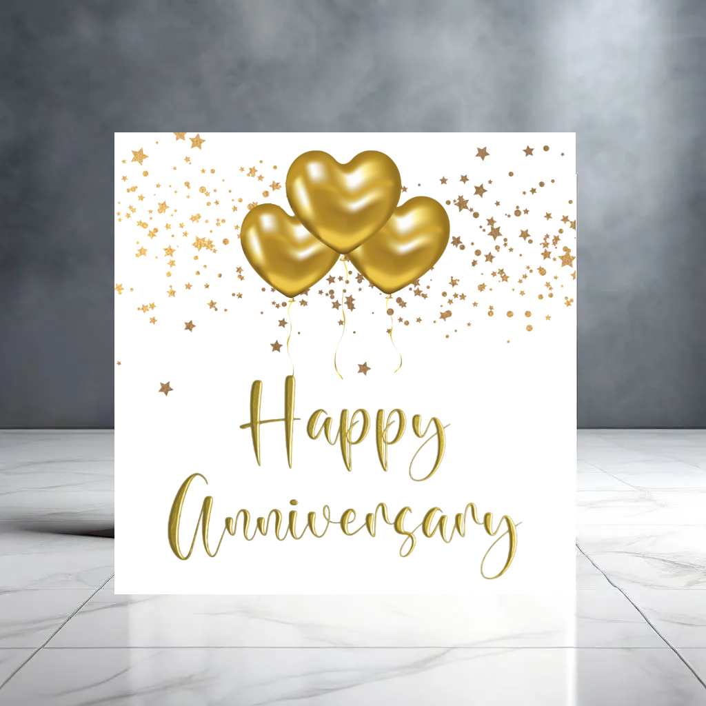 Happy Anniversary Card with Gold Balloons and Stars