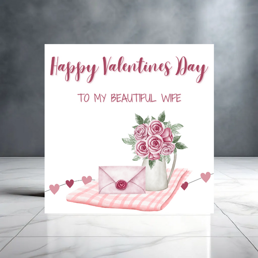 Purple and Pink Happy Valentines to My Beautiful Wife Card with Bouquet, Picnic Blanket and Envelope