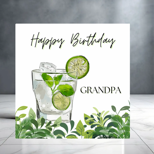 Green Happy Birthday Grandpa Card with Gin Cocktail - Birthday Card for Him