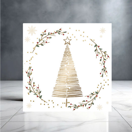 Christmas Card with Wreath and Gold Christmas Tree