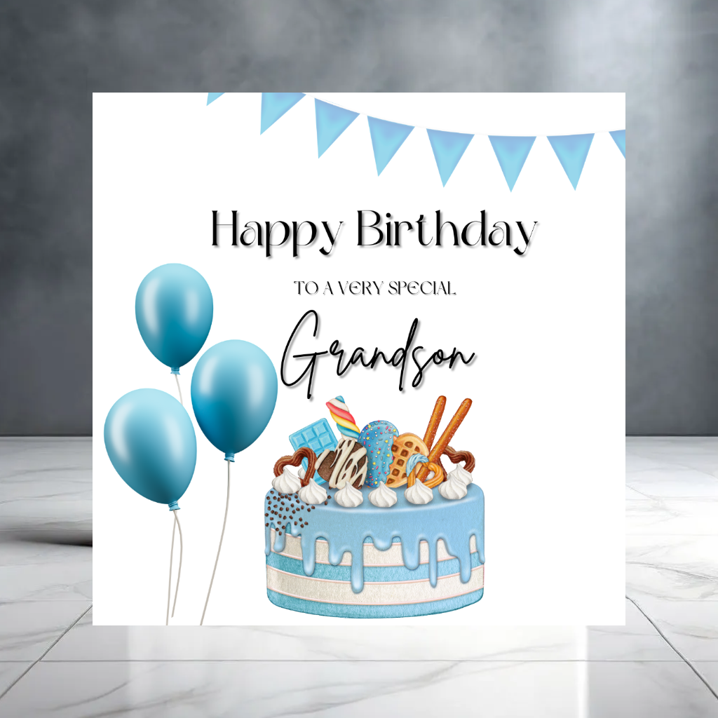 Blue Happy Birthday to a Special Grandson Card with Cake and Balloons