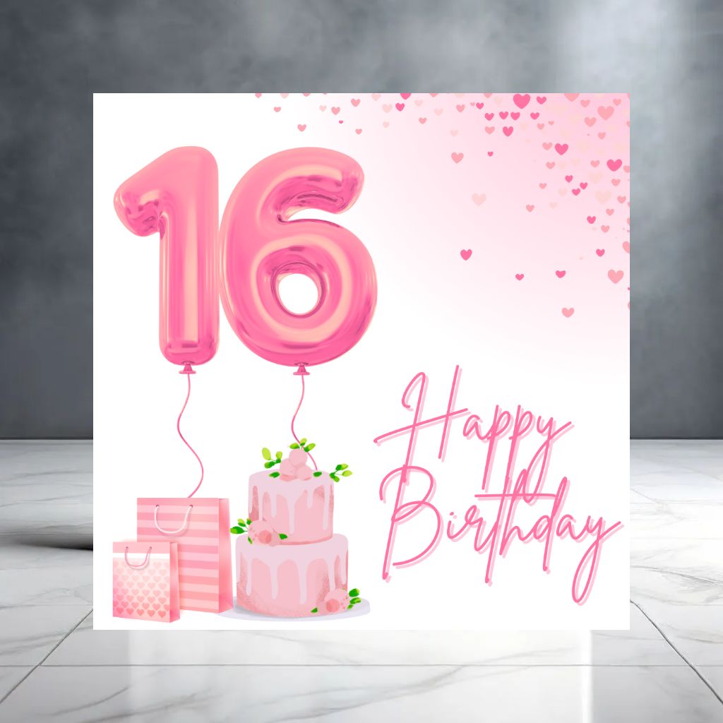 Girly 16th Birthday Card for Her with Hearts - Sweet Sixteen