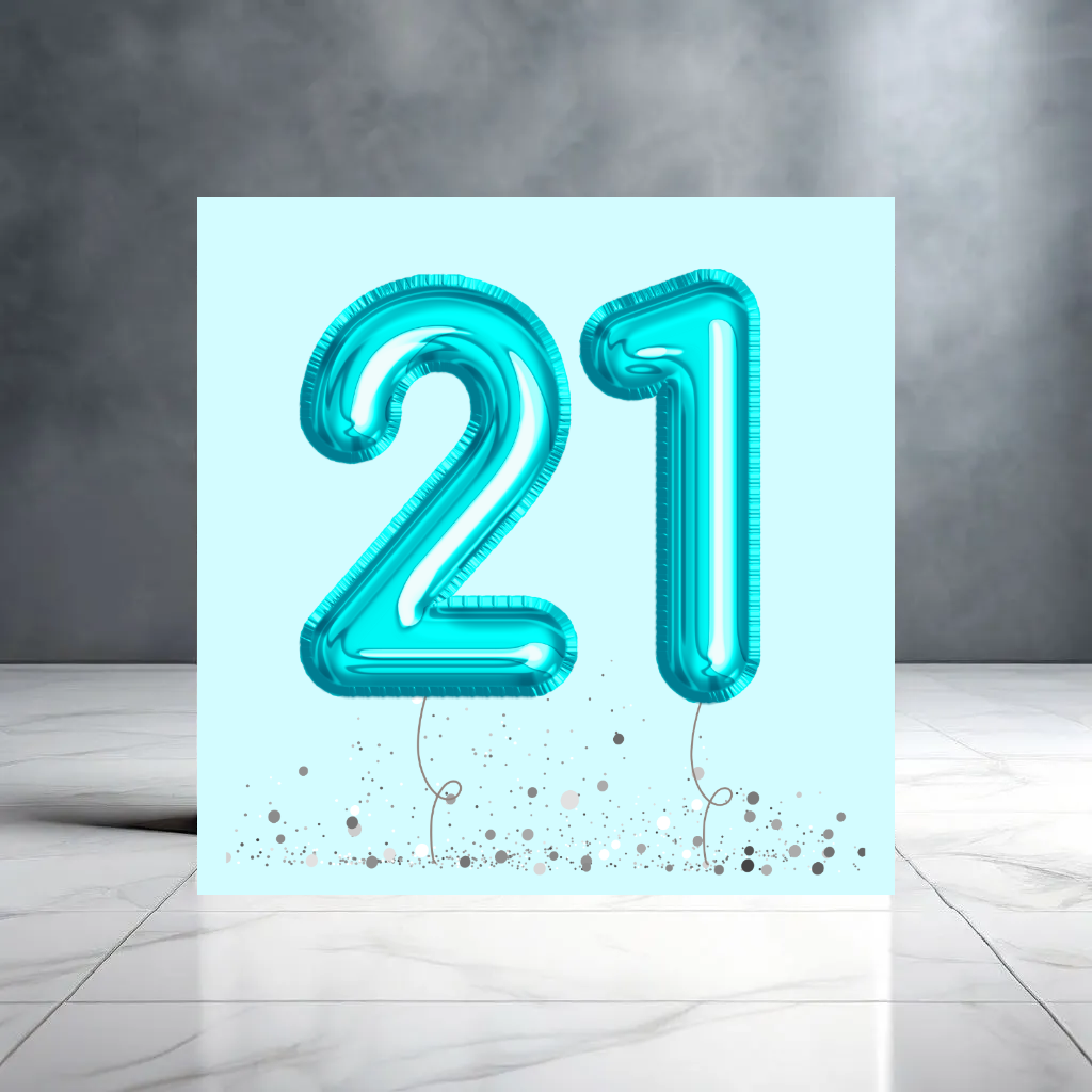 Blue 21st Birthday Card with Balloons and Confetti