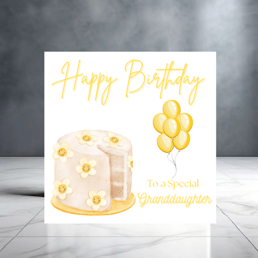 Yellow Happy Birthday Granddaughter Card with Sunny Cake and Balloons