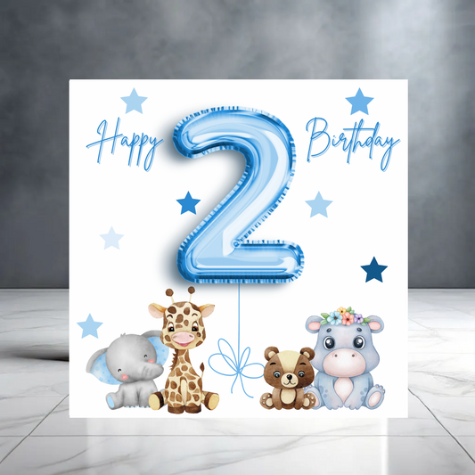 2nd Birthday Card with Balloons, Animals and Stars - Two Year Old - Blue Design for Son, Grandson, or Nephew - High-Quality, Greeting Card