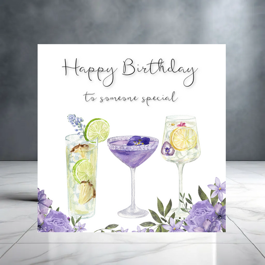 Purple Girly Happy Birthday to Someone Special Greeting Card for her with Cocktails and Flowers - Martini - Gin