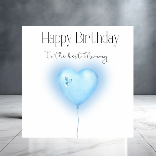 Blue Happy Birthday to the Best Mummy Card with Blue Heart Balloon