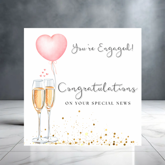 You’re Engaged! Congratulations on Your Special News Engagement Greeting Card With Champagne Cheers and Heart Balloons and Stars