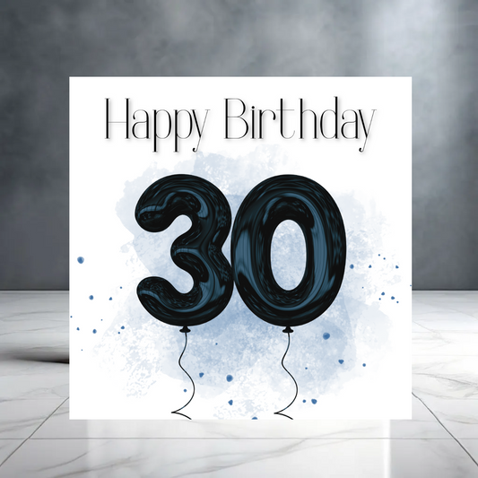 Black 30th Birthday Card – Milestone Greeting Card for Him or Her – Balloon Design - Thirty
