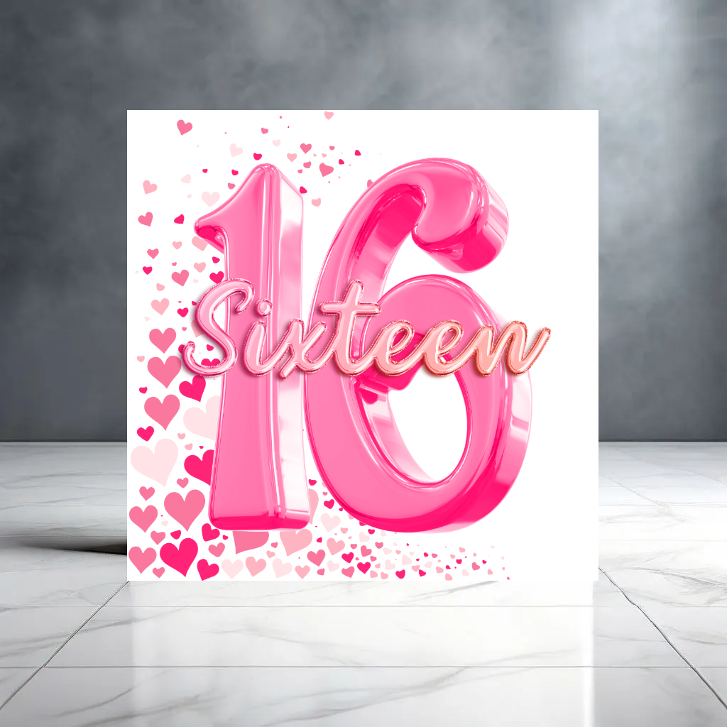 Girly Pink 16th Birthday Card for Her with Hearts - Sweet Sixteen