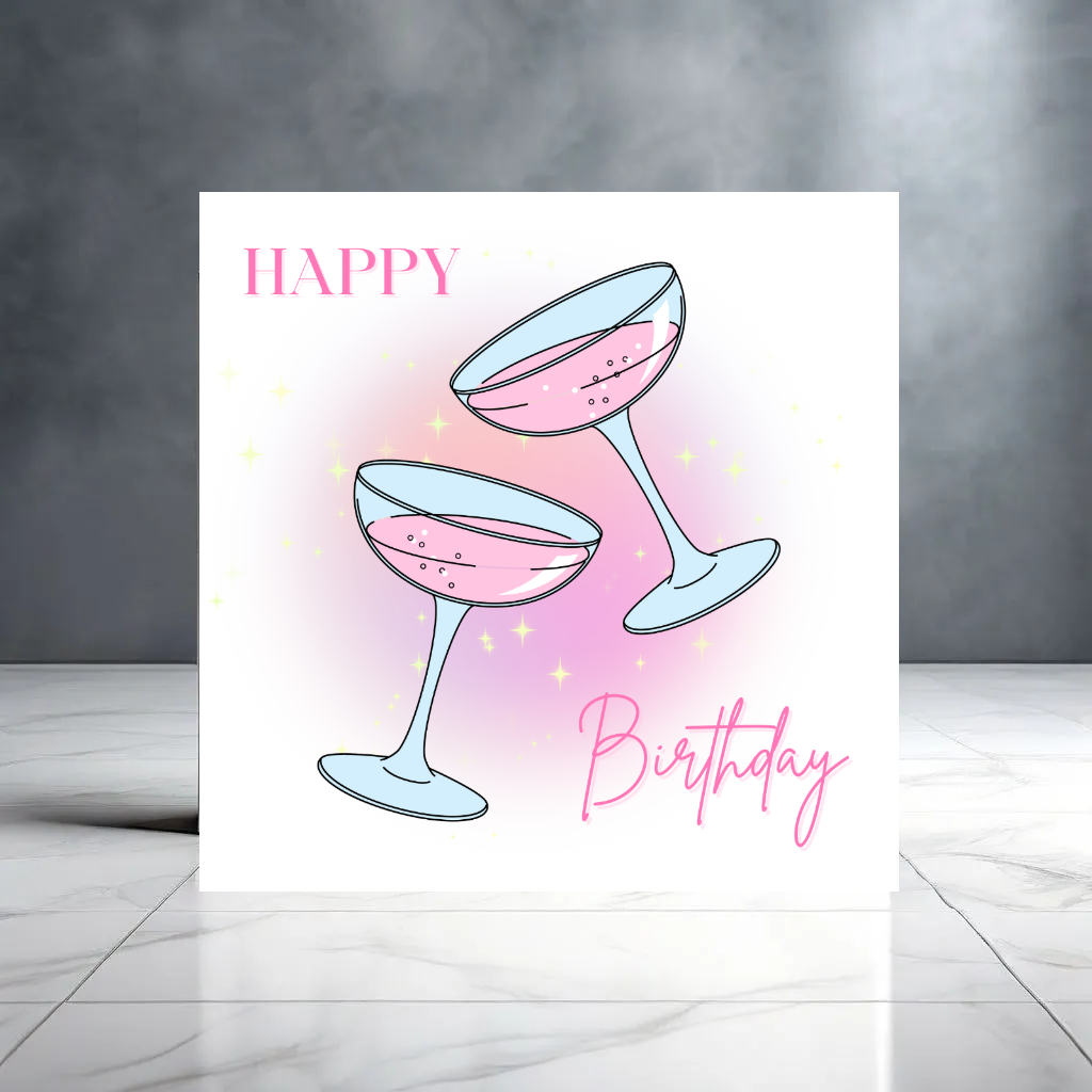 Pink Girly Champagne Happy Birthday Card With Stars