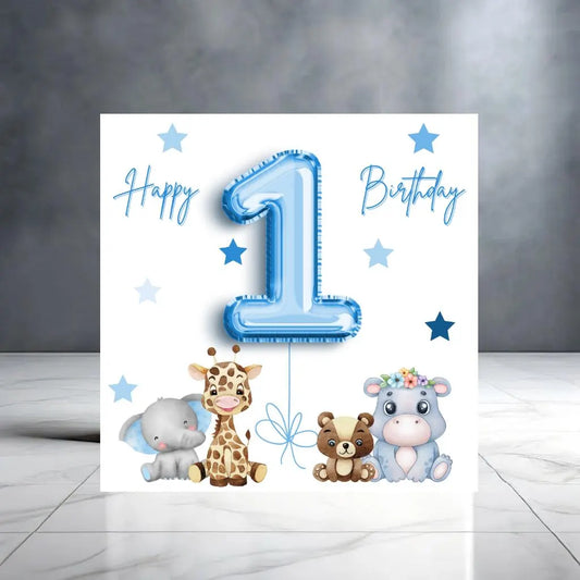 Blue 1st Birthday Card with Animals and Stars - Birthday Card for Child