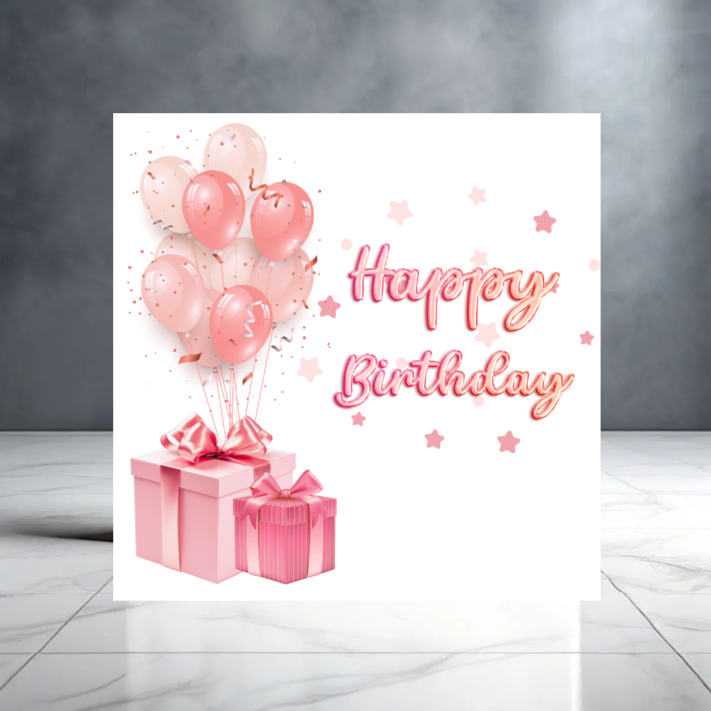 Pink Girly Birthday Card for Her - Balloons - Presents - Stars